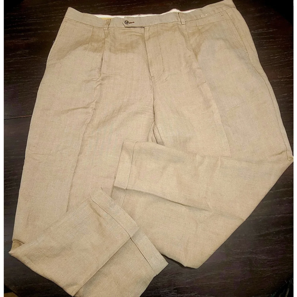 Tommy Bahama Khaki Pleated Pants Mens 42x34 Silk Linen Blend Tan True: 40x27